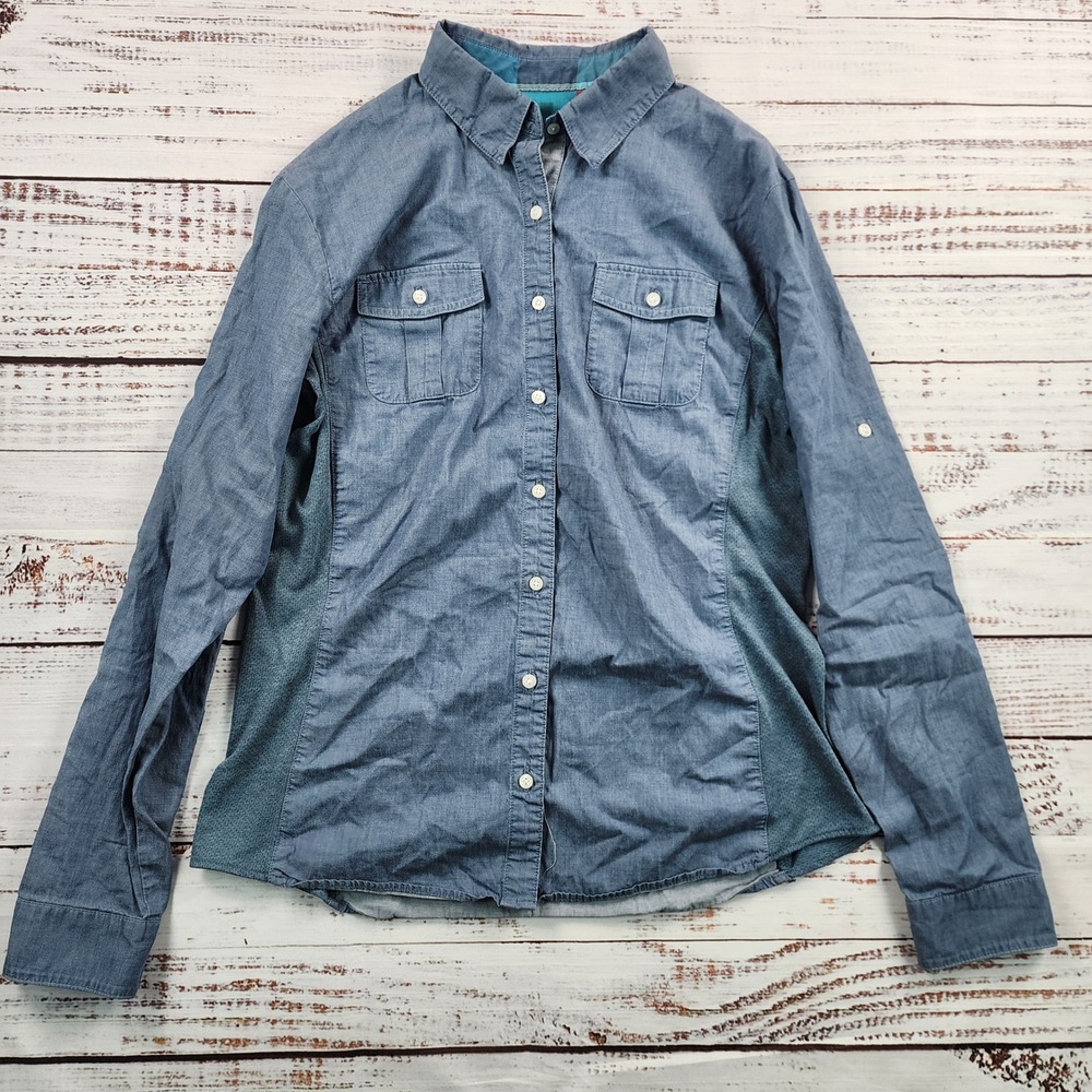 Kuhl Kiley Long Sleeve Shirt Women's Large Blue Chambray Roll Tab UPF 50
